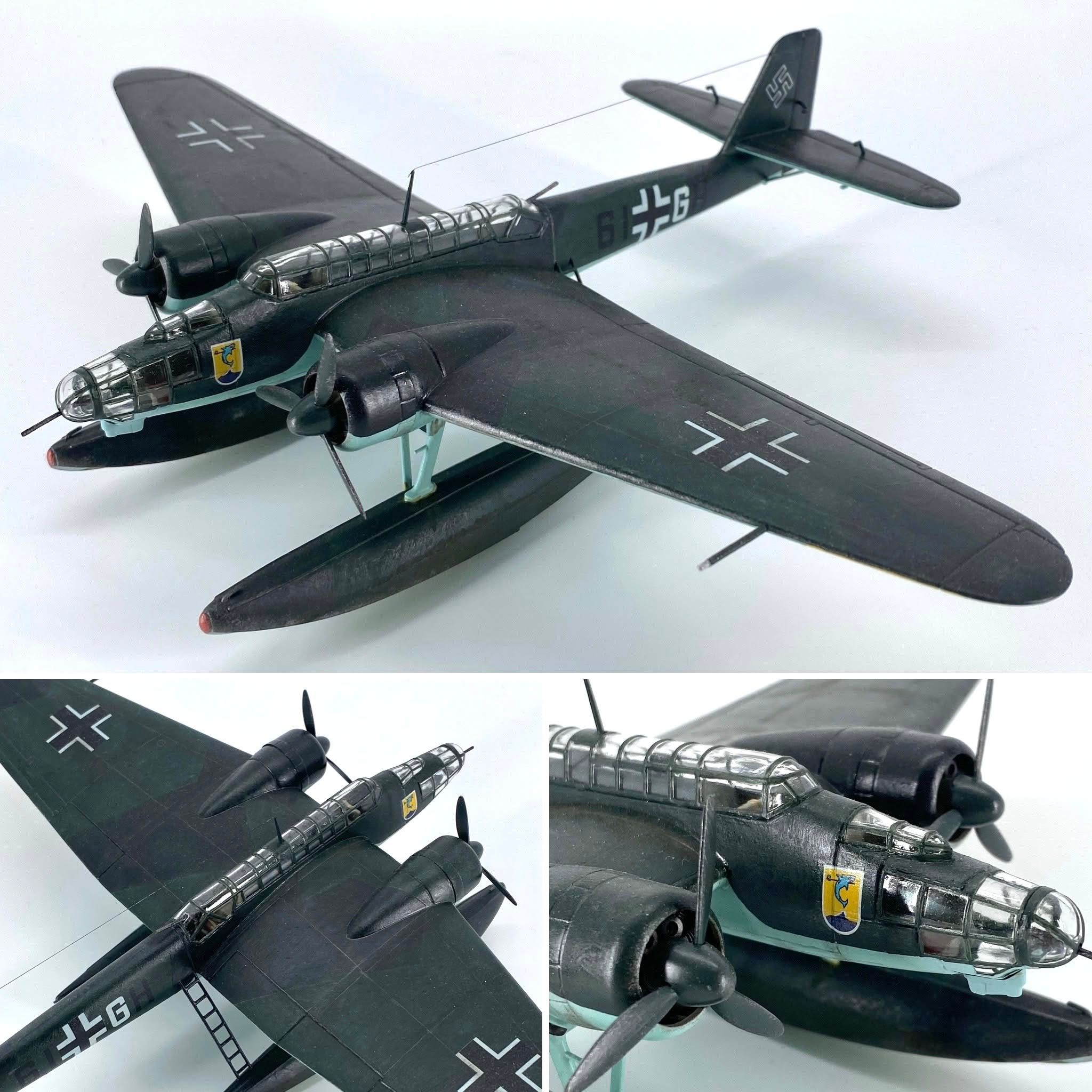 Twin-engined German floatplane finished in overall black night camouflage, shown from three angles.