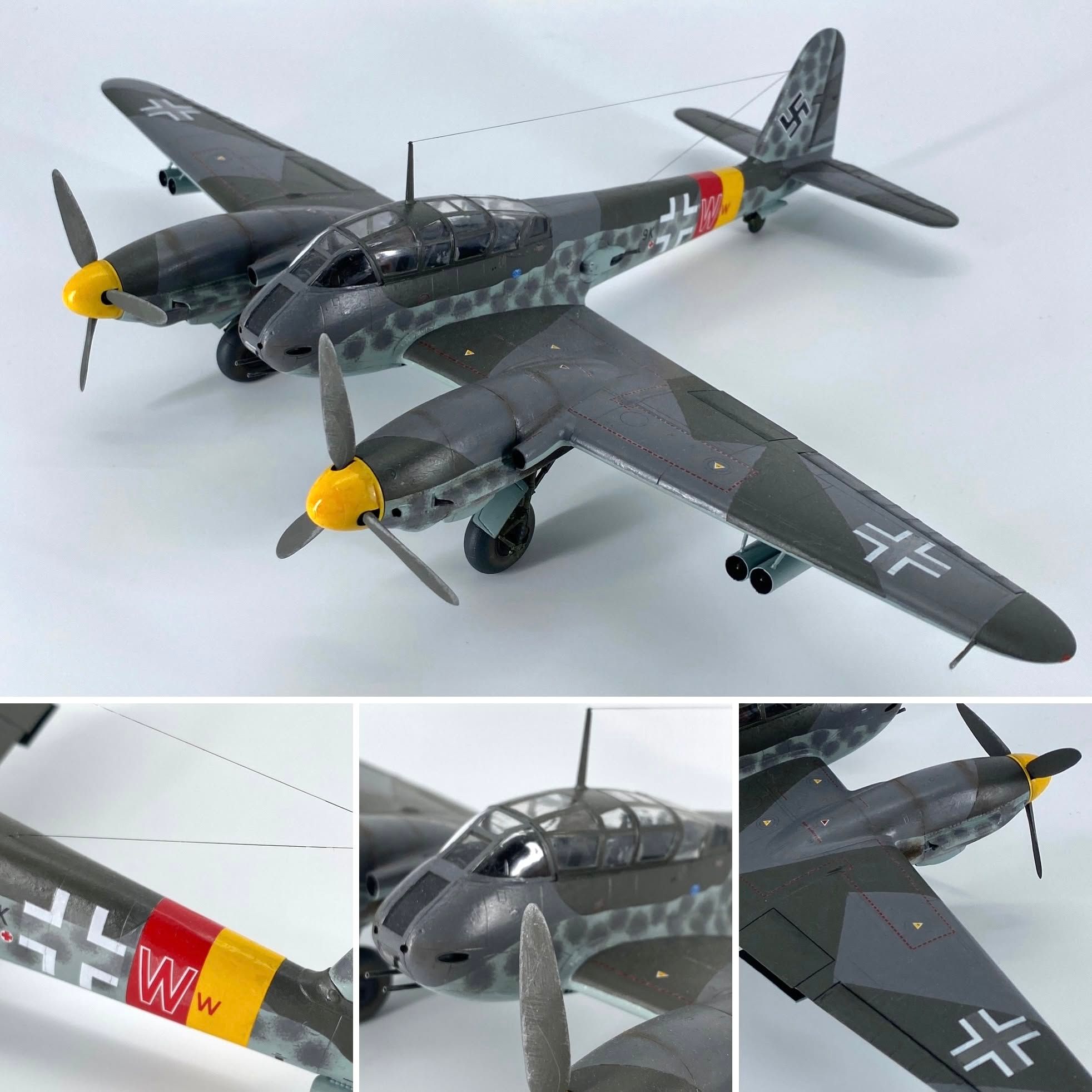 Twin-engined Luftwaffe heavy fighter in grey mottled camouflage with yellow propeller spinners and a red and yellow fuselage band, shown from four angles.